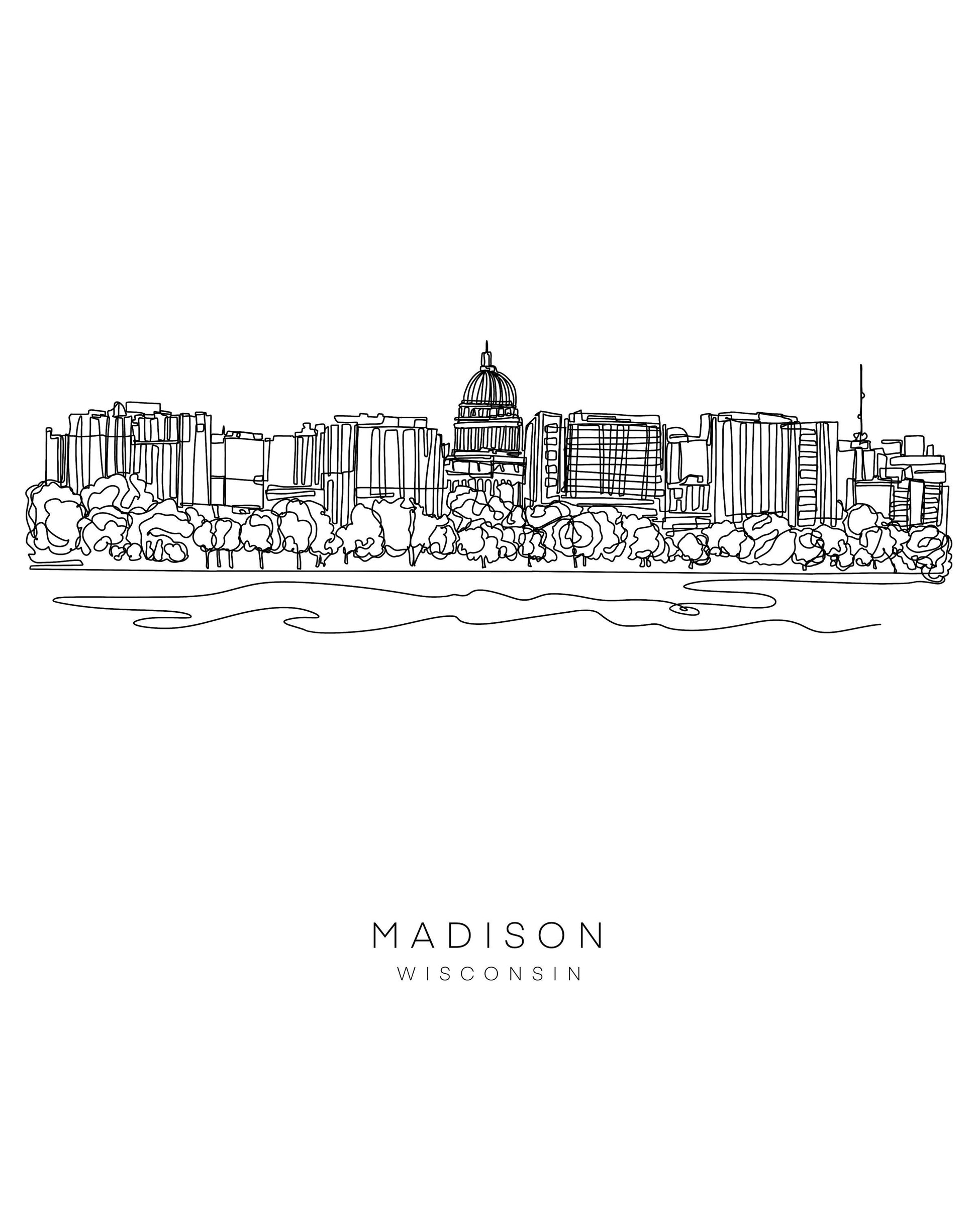 MADISON Skyline 8x10 Single Line Art Print // Black and White // Unframed