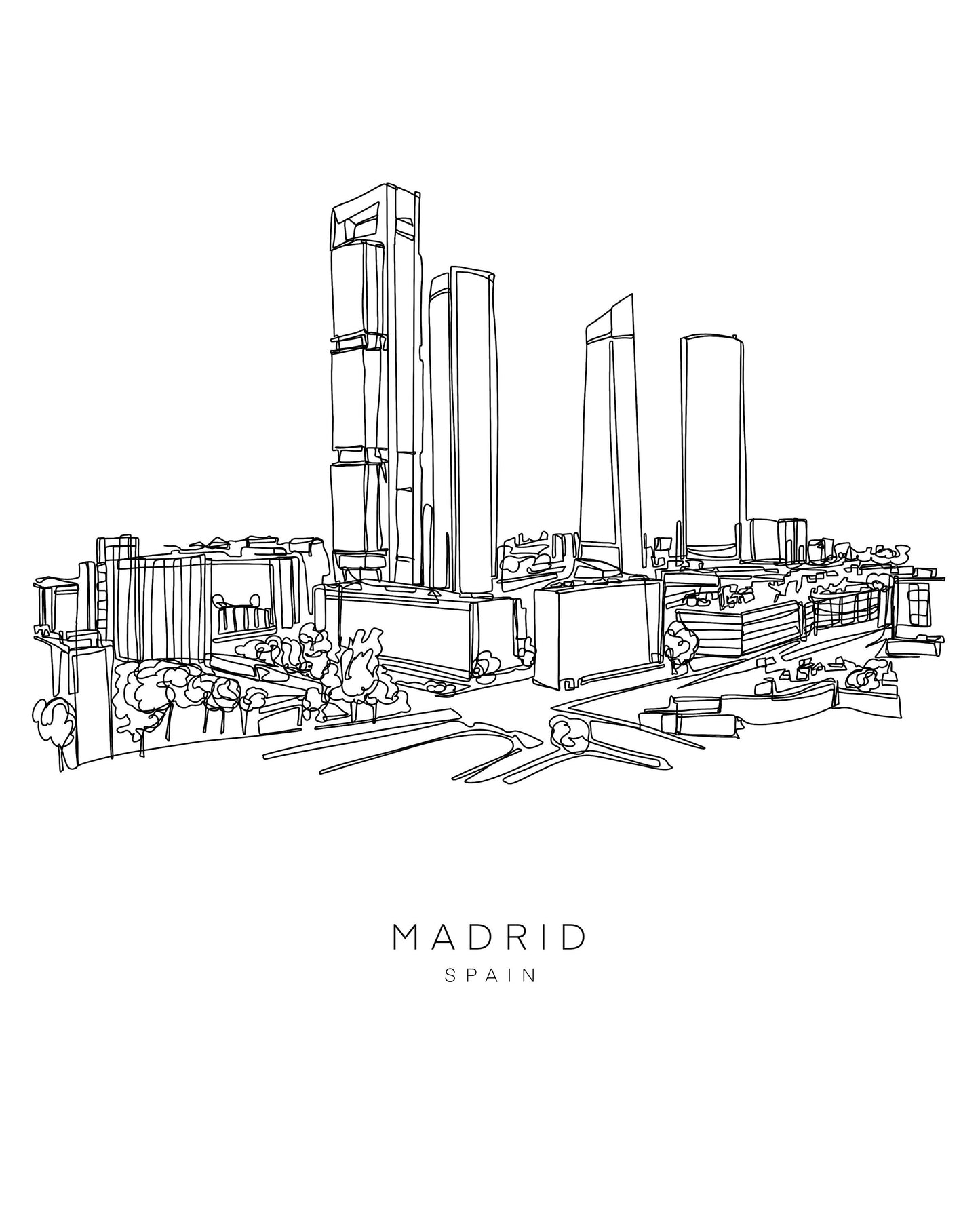 MADRID Skyline 8x10 Single Line Art Print // Black and White // Unframed