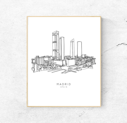 MADRID Skyline 8x10 Single Line Art Print // Black and White // Unframed