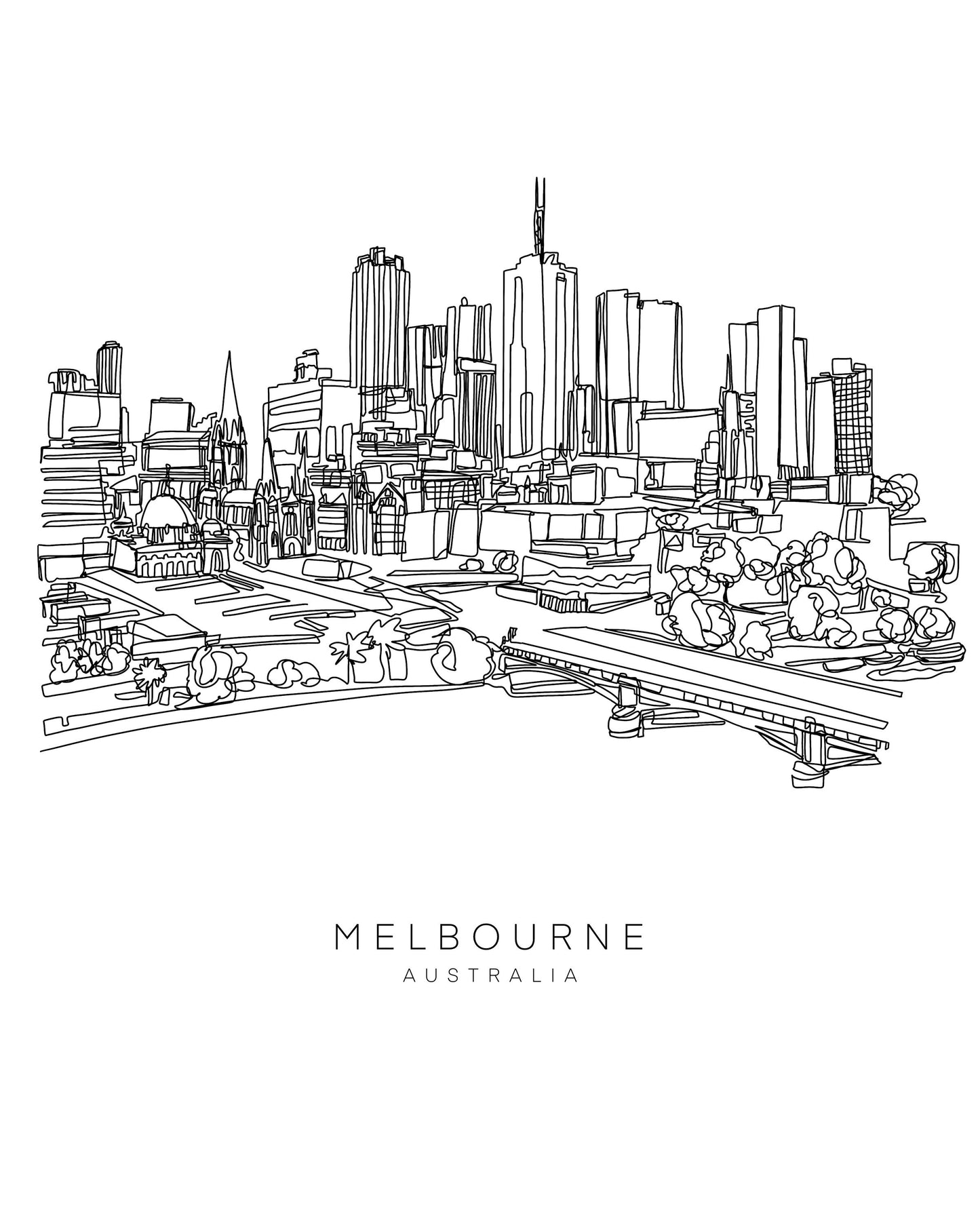 MELBOURNE Skyline 8x10 Single Line Art Print // Black and White // Unframed