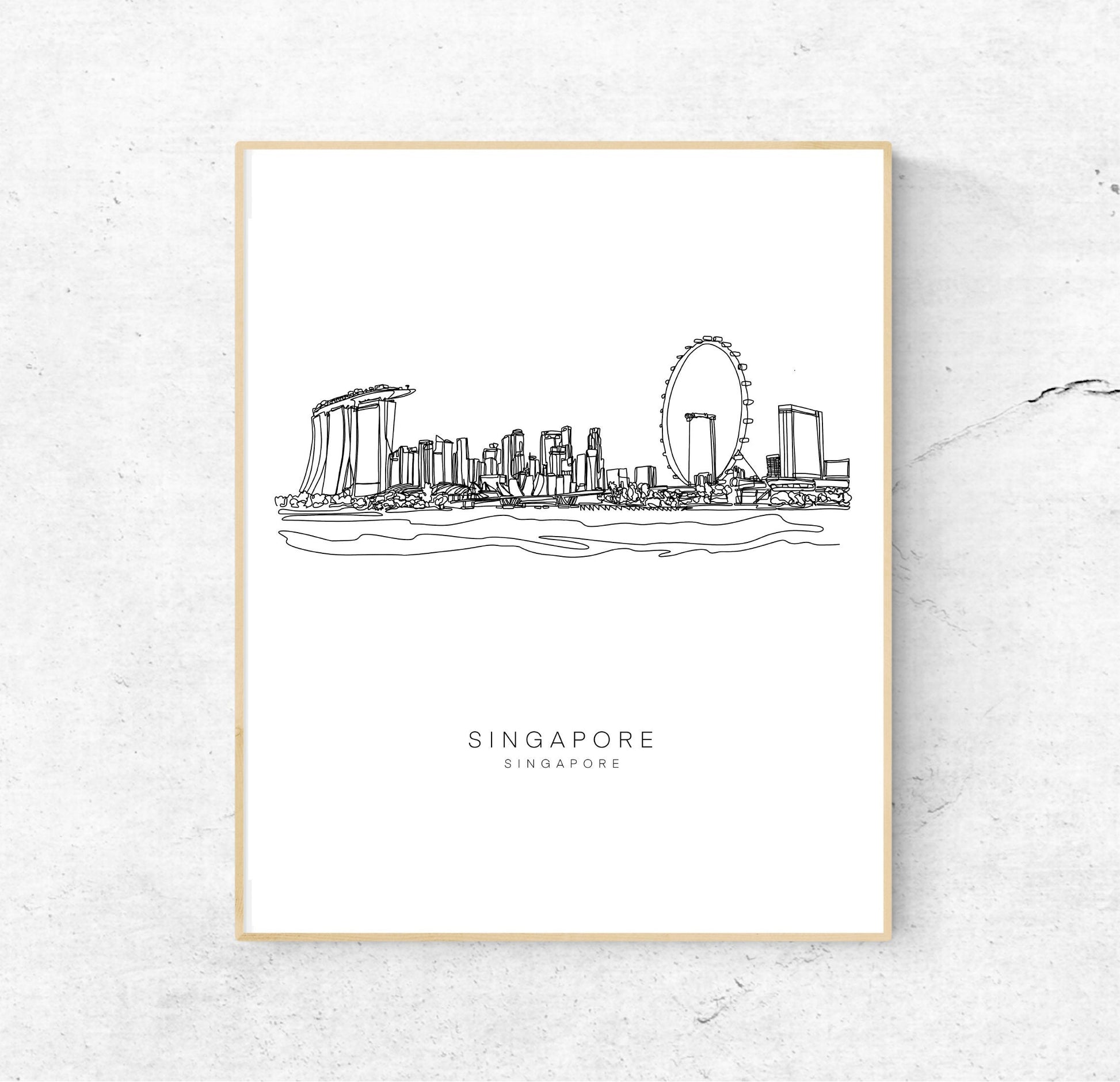 SINGAPORE SKYLINE  8x10 Single Line Art Print // Black and White // Unframed
