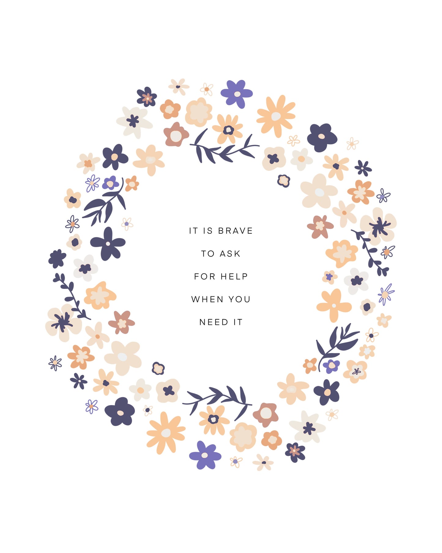 It's Brave To Ask For Help Flower Wreath || Inspirational || Quote Art || Inspirational Quote ||| 8x10 Print Unframed