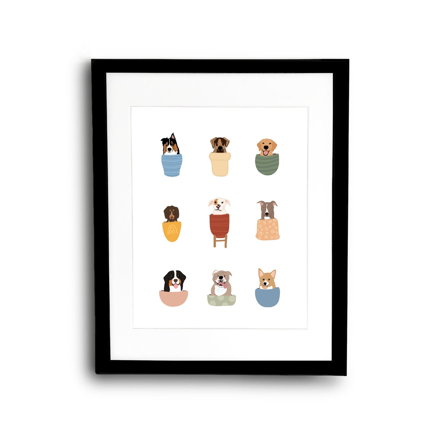 8x10 Dogs in Flower Pots || Print, Unframed || Dog Illustration || Dog Lover