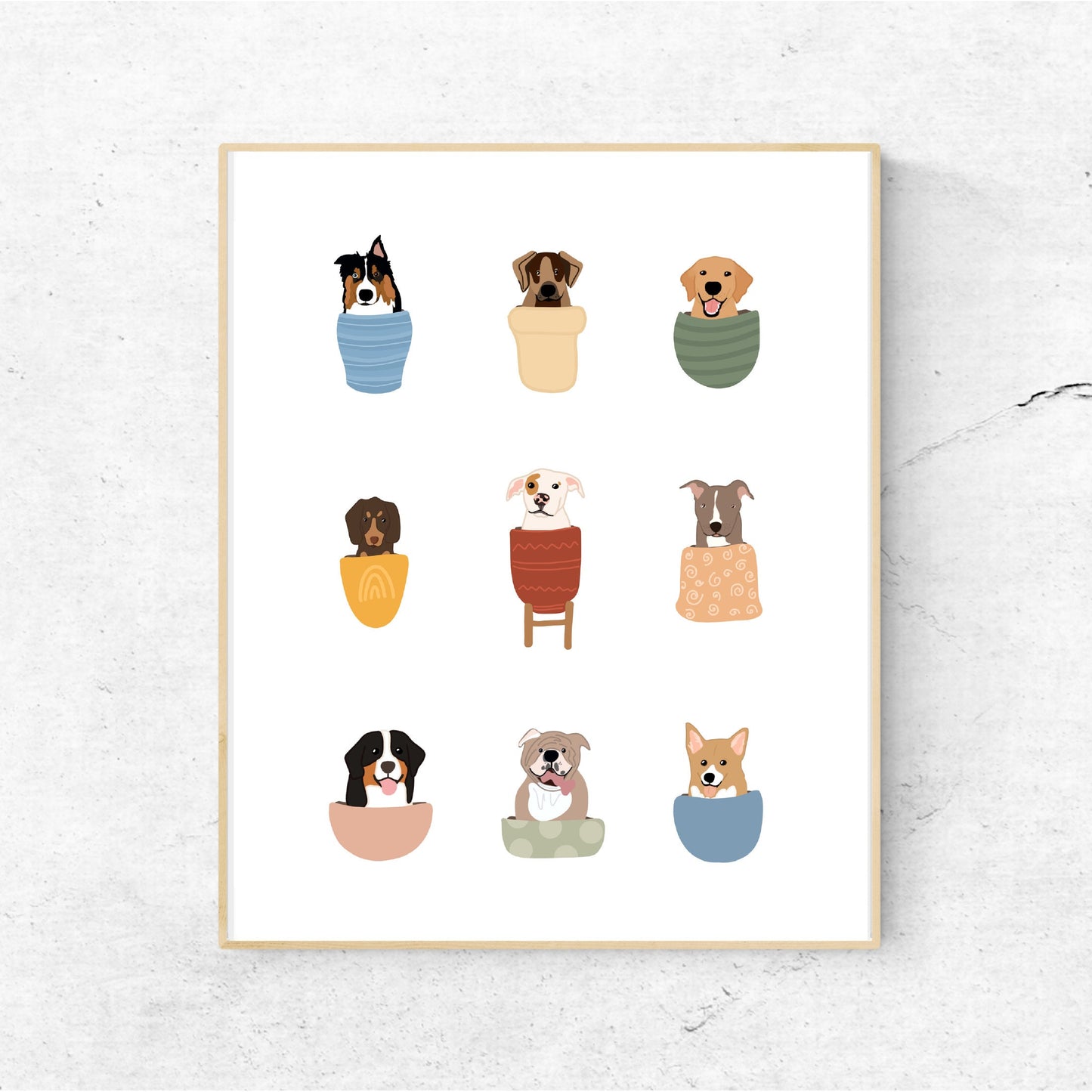 8x10 Dogs in Flower Pots || Print, Unframed || Dog Illustration || Dog Lover