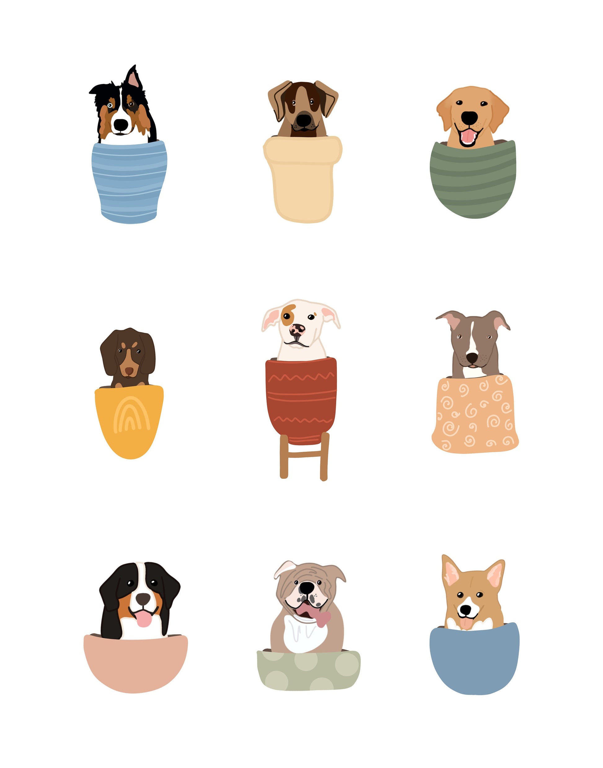 8x10 Dogs in Flower Pots || Print, Unframed || Dog Illustration || Dog Lover