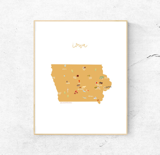 8x10 Iowa Illustrated Map Hand-Drawn (Unframed)