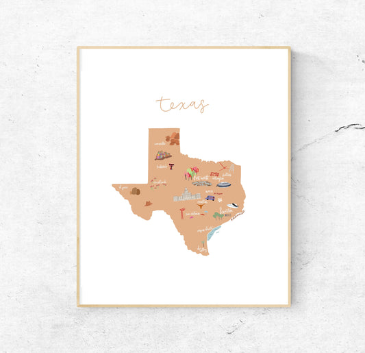 Texas Illustrated Map Hand-Drawn (Unframed)