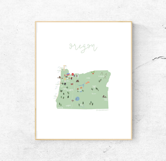 8x10 Oregon Illustrated Map Hand-Drawn (Unframed)