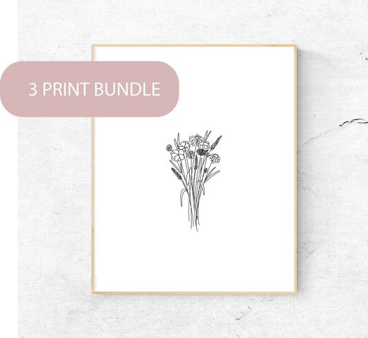 PACK OF 3 | Flower Line Art Prints | Three 8x10 Prints | Bouquet Line Art | Black and white flowers print